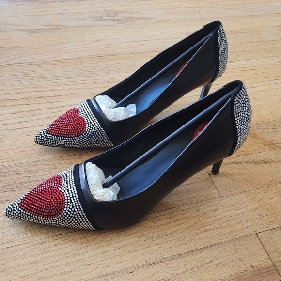 ❤️Love Moschino❤️Slip-on Leather/ Rhinestone Heart Pump SZ36 MADE IN ITALY - Picture 4 of 9